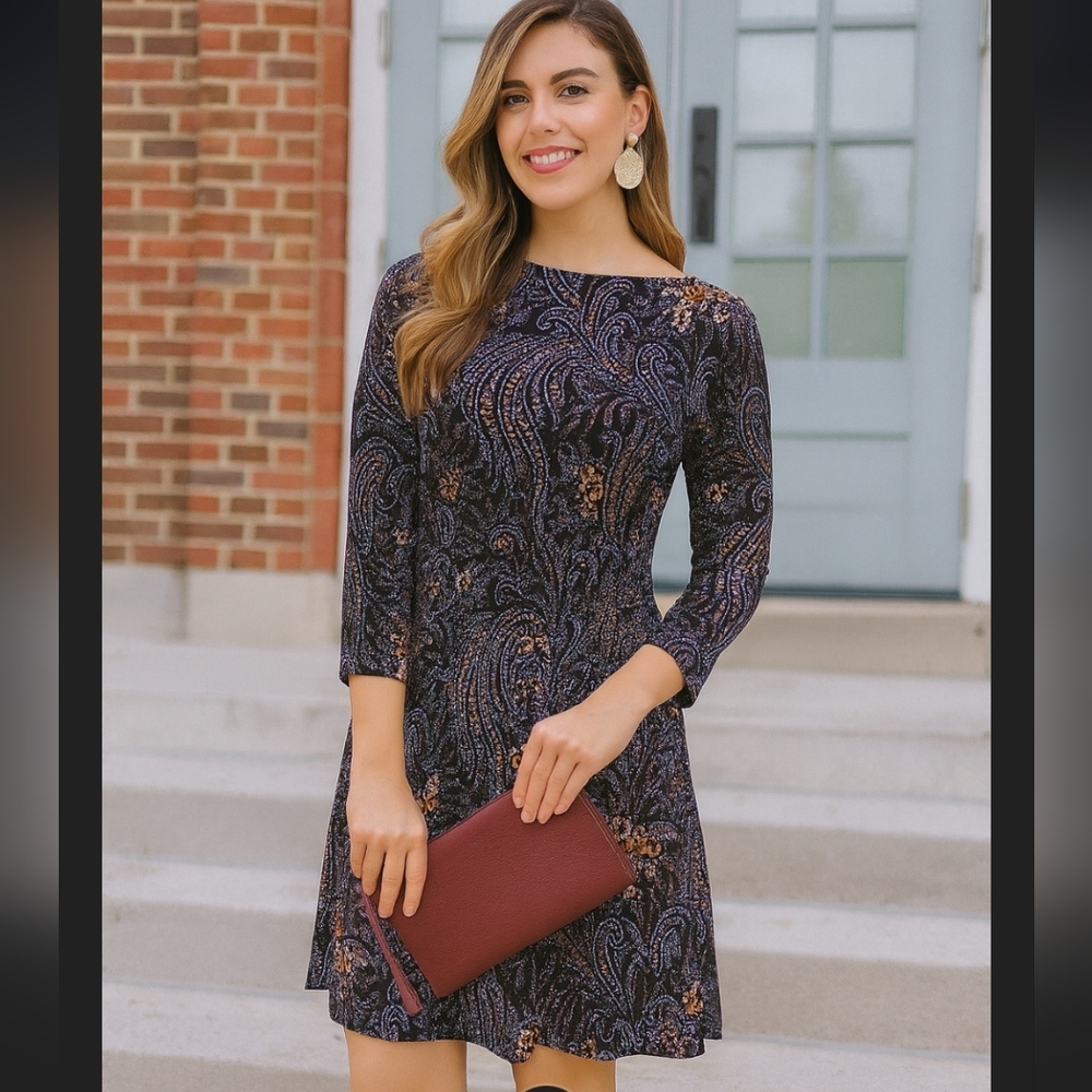 SUNO Fit & Flare Paisley Dress In Wine